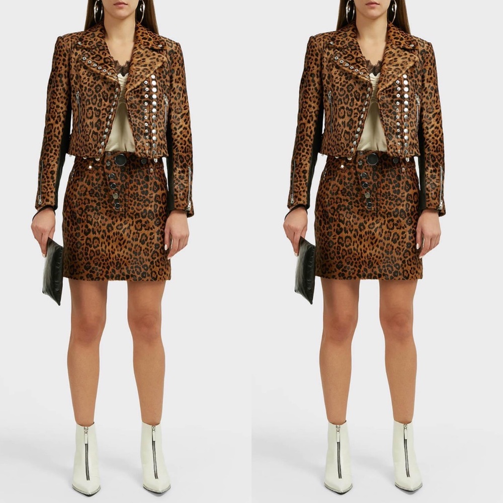 Alexander Wang Leather Leopard-Print Calf Hair Mini Skirt